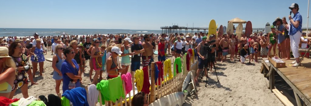 Lydia Borek addresses the crowd at the 25th and final Brendan Borek High Tides Surf Memorial Aug. 1 in Avalon at 30th Street beach. She announced a $200