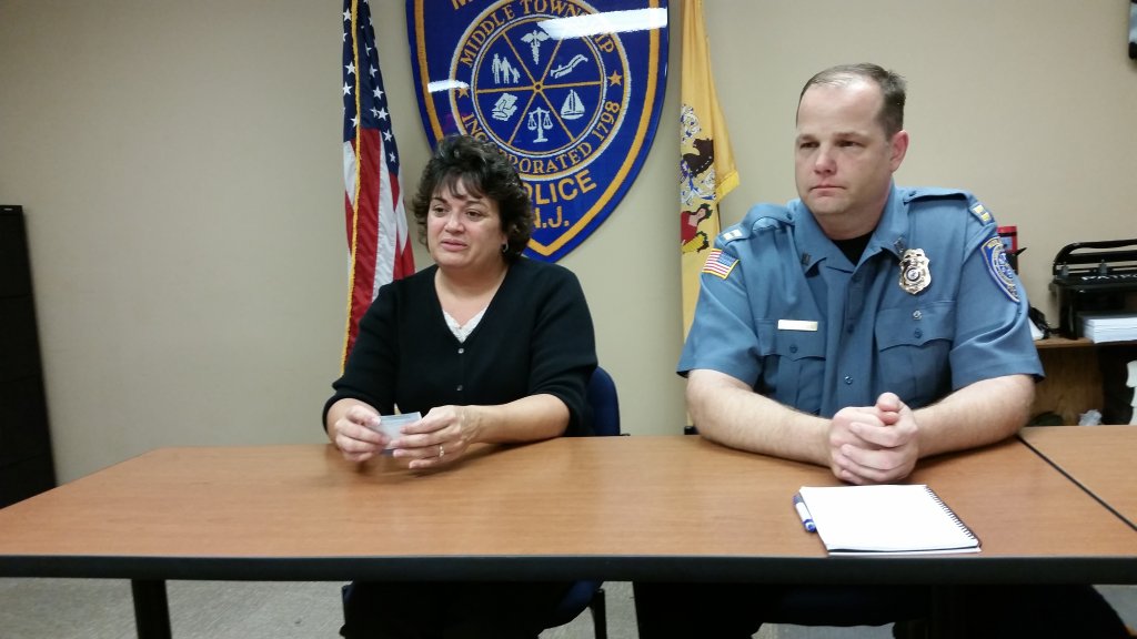 Michelle Natale and Middle Township Police Capt. John Edwards talk to the media about “Put the Brakes on Fatalities” a national event Oct. 10 to stem highway deaths by inattentive driving.