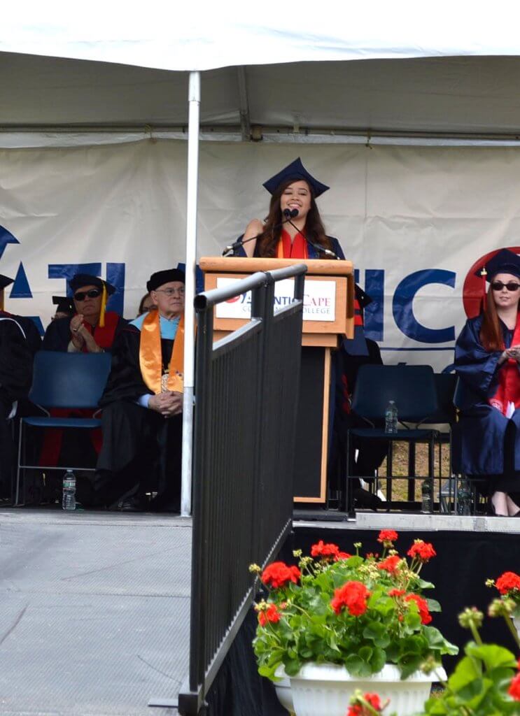 Student Government Association President Katherine Melo of Mays Landing addresses her fellow graduates during the 2016 Atlantic Cape Community College Commencement Ceremony