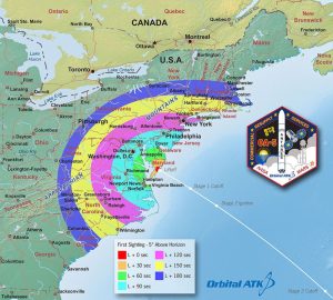 This map shows the regions of visibility for Orbital ATK's Antares rocket nighttime launch scheduled for 8:03 p.m. EDT Oct. 16 from Wallops Island