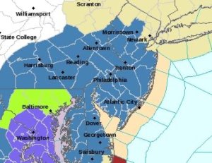 Winter storm watch in effect for areas shaded in blue.