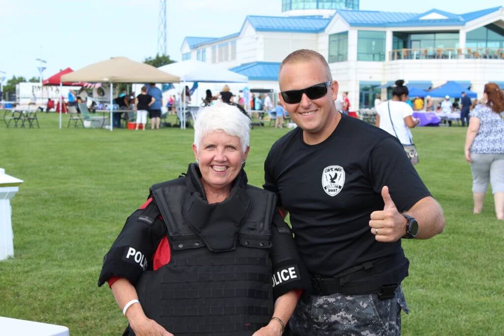 Lower Township Police Department marked the event at the Cape May-Lewes Ferry Terminal by letting citizens try on gear worn by Cape May County SWAT Team members.