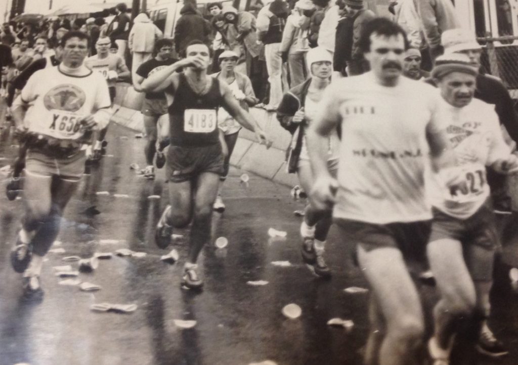 Frank Longo shown drinking water in the middle of the '79 Boston Marathon. 