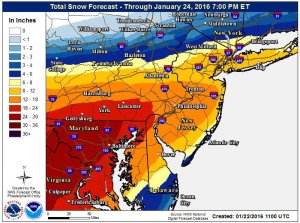 Latest regional map of forecast snowfall.