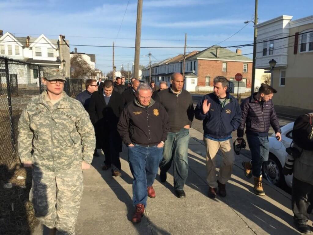 Senators Robert Menendez and Cory Booker (both D-NJ) and Rep. Frank LoBiondo (R-2nd) visit Sea Isle City to survey the damage from Jonas Jan. 26.