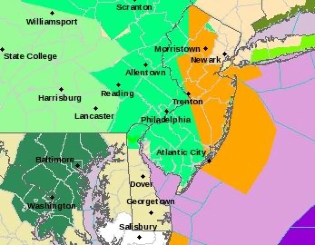 Areas with a flood advisory are shown in lime green.