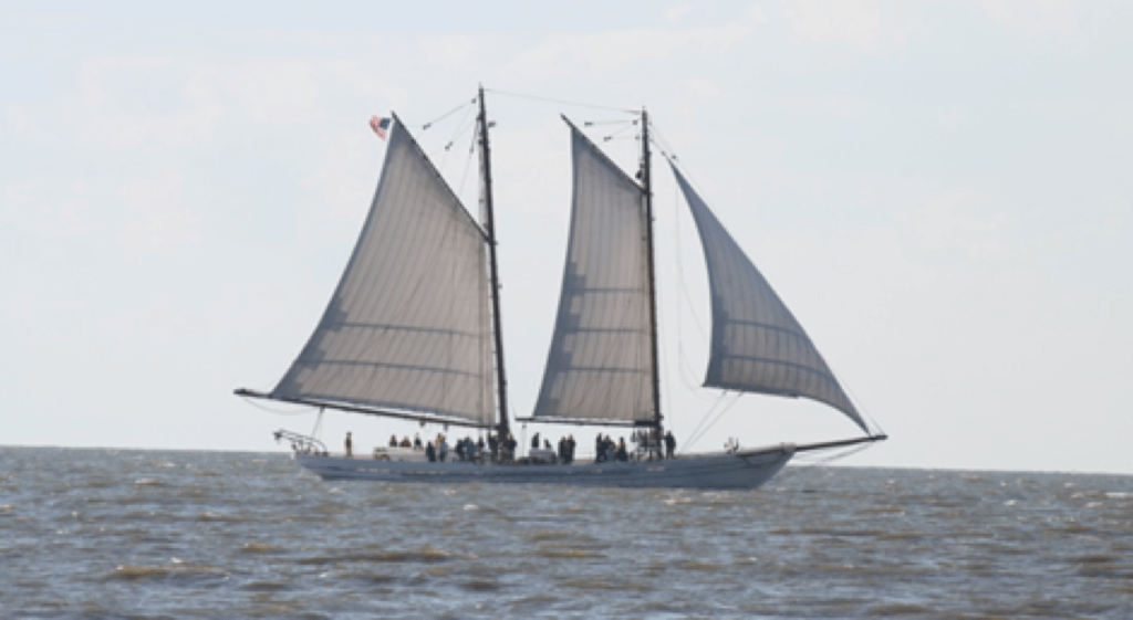 The AJ Meerwald while it was sailing off East Point Light House. Photo by Barb Horan.