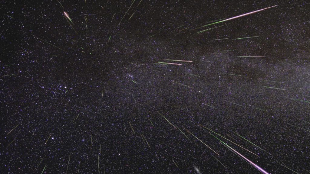 An outburst of Perseid meteors lights up the sky in August 2009. 