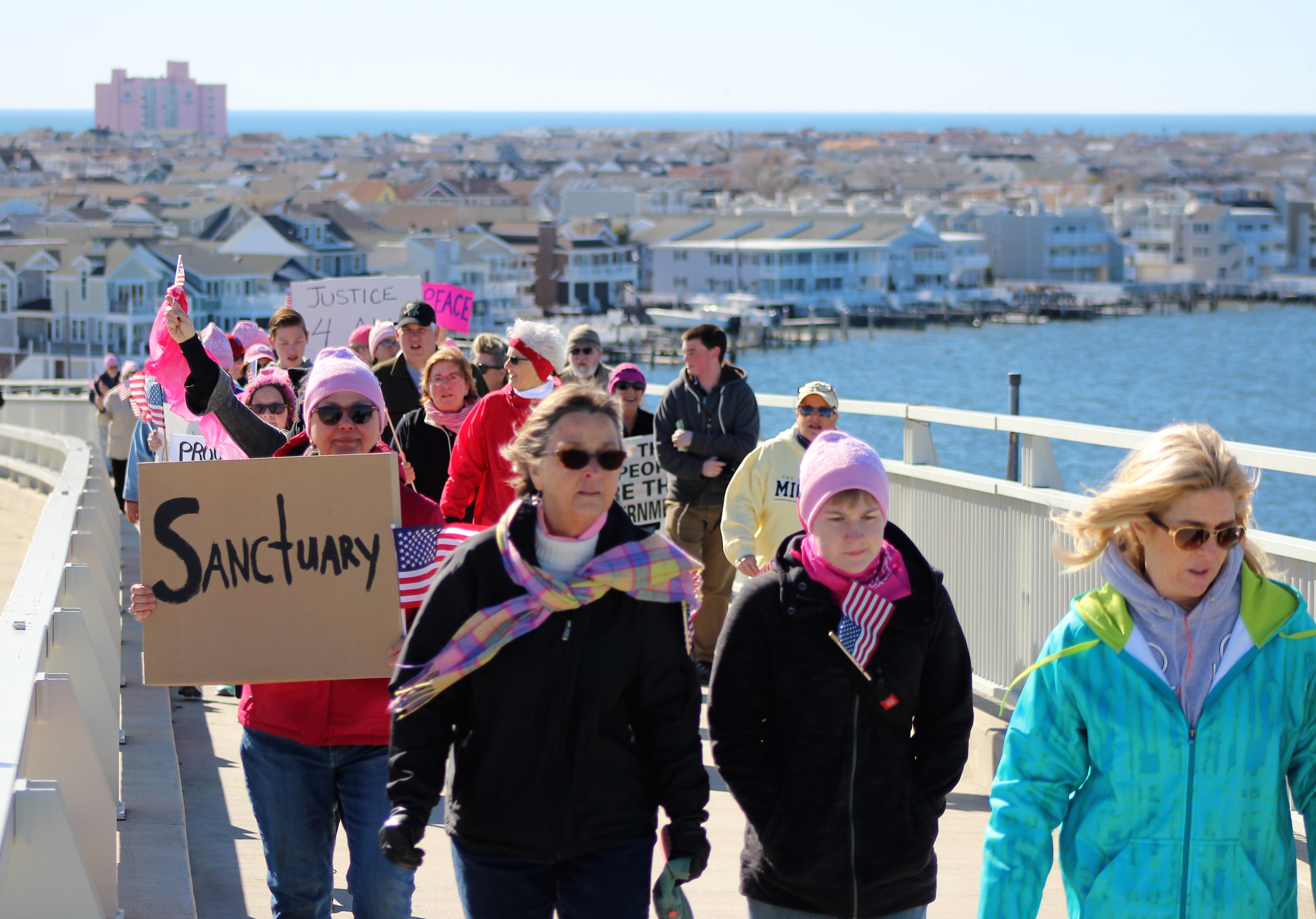 Critics of President Donald Trump pack the pedestrian walkway of the Route 52 Causeway for an informal public gathering Feb. 20. 