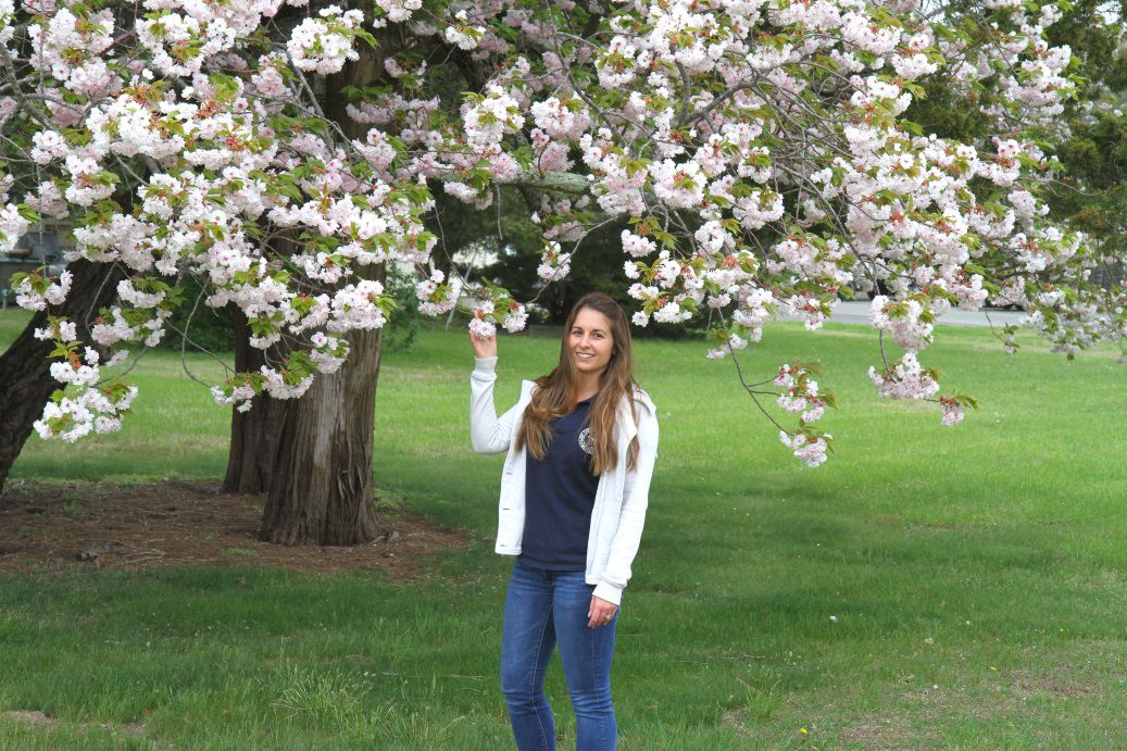 Cape May County Department of Mosquito Control Microbiologist Stormy Freese admires cherry blossoms at the Dias Creek headquarters on Route 47.