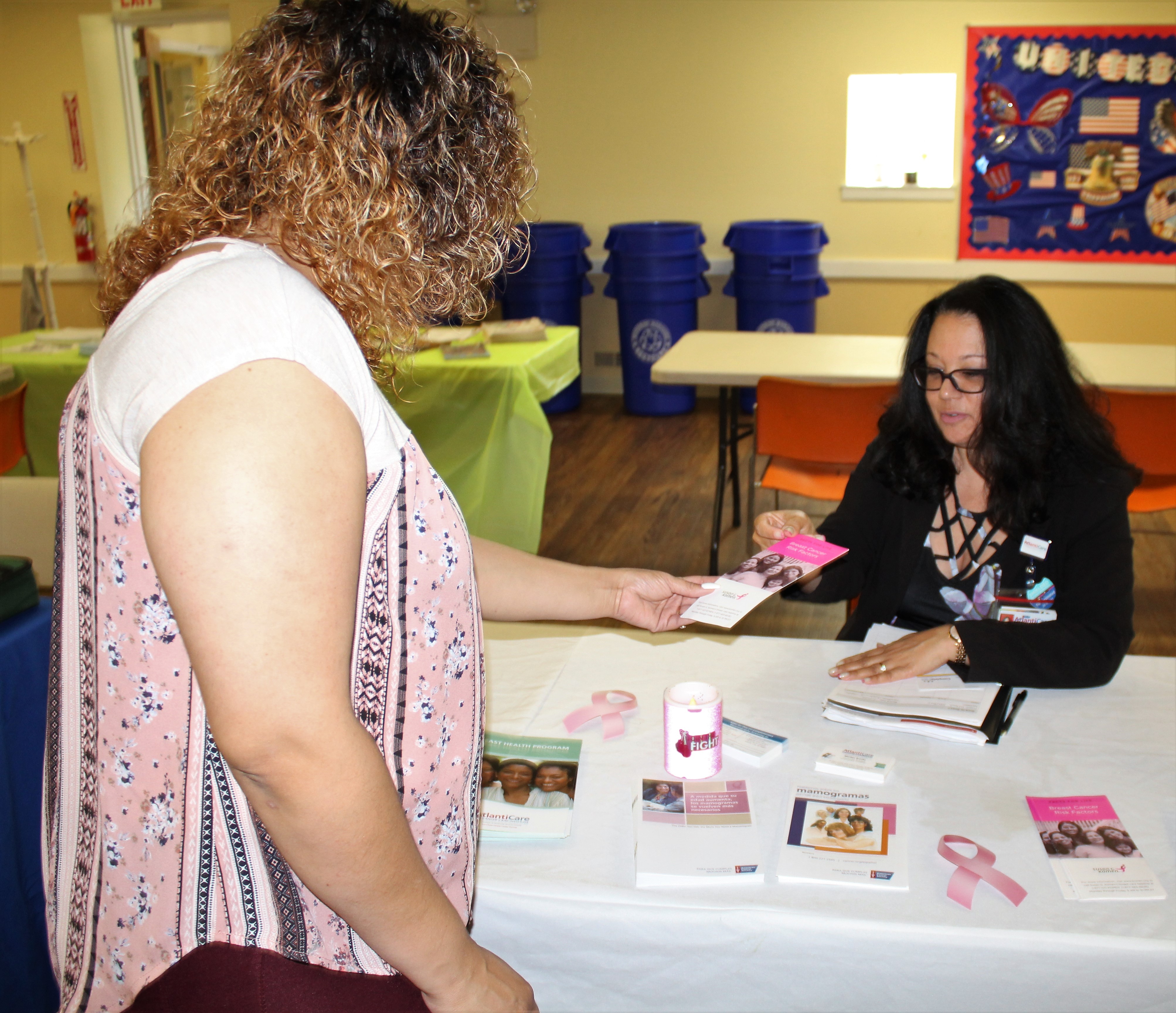 Marilyn Brooks of AtlantiCare provides cancer awareness and mammography information to visitors at the Woodbine Health and Wellness Fair May 10.  