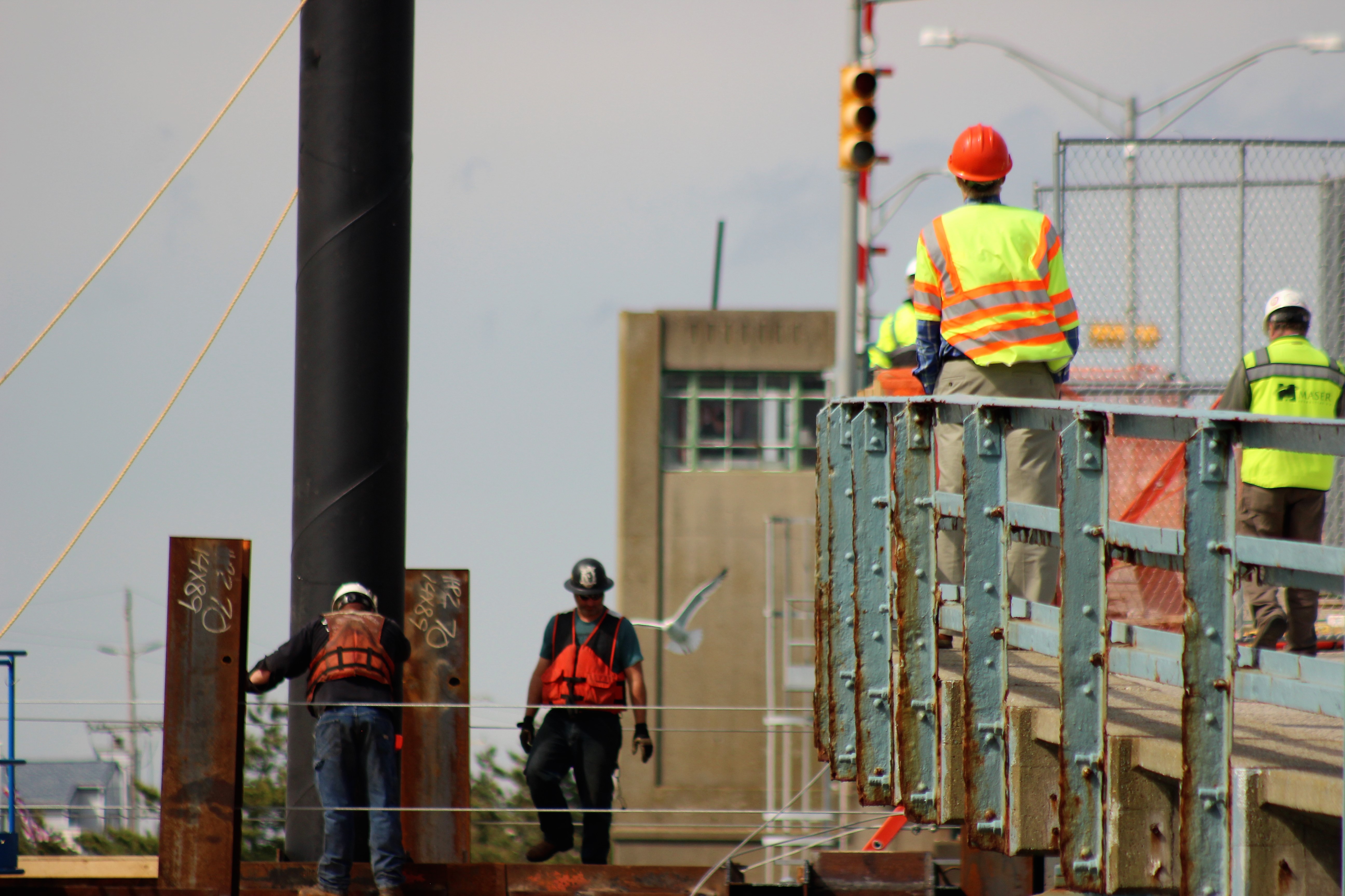 Construction crew helps place one of three 150-foot pilings at Pier 6 of the Townsend's Inlet Bridge. A crack was found in one of the underwater pilings on the Avalon side of the span