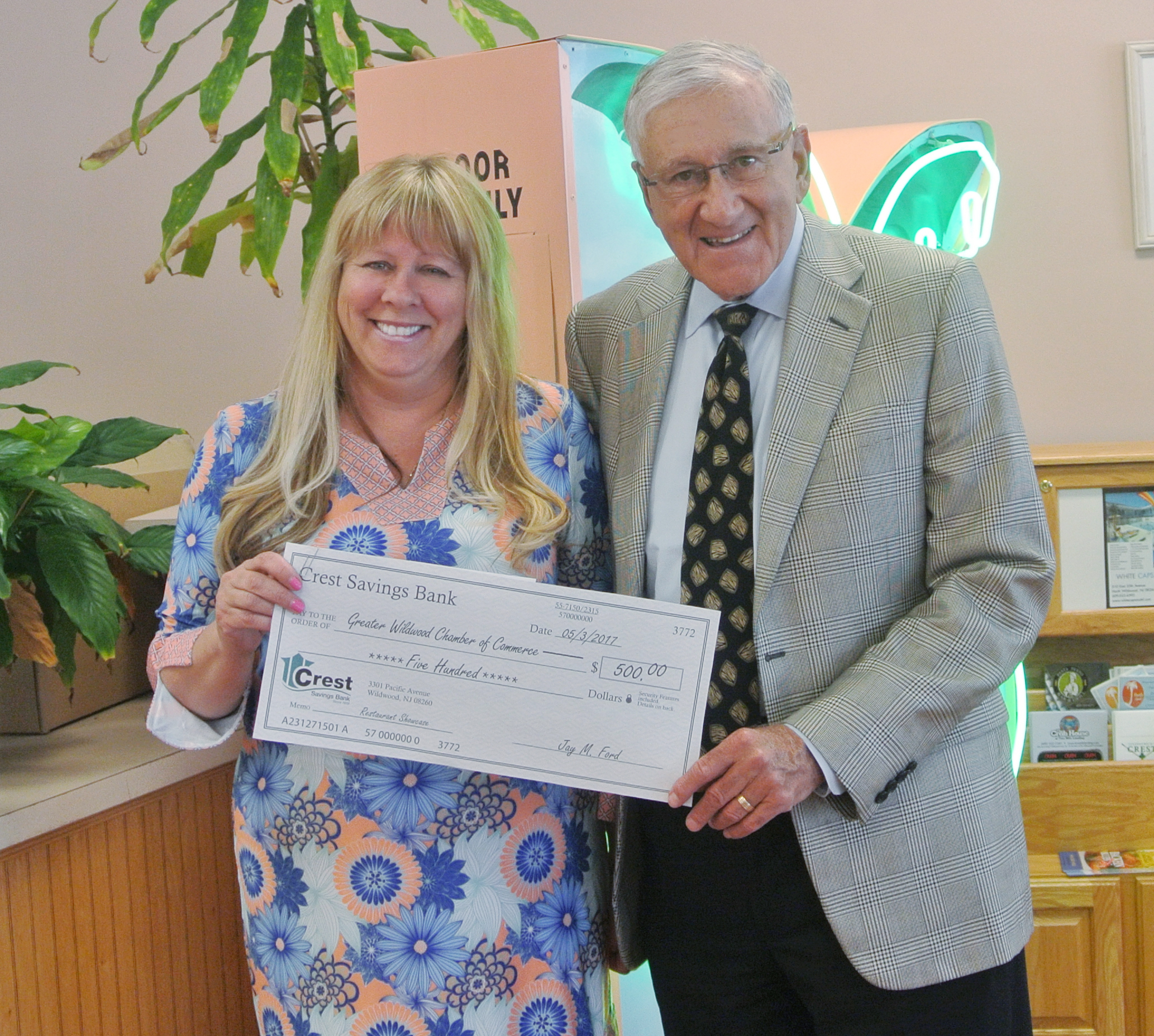 Crest Savings Bank Senior VP and Branch Administrator Jodie DiEduardo and GWCOC Foundation President Alan Gould.