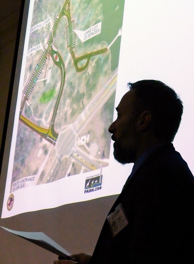 Supervising Engineer Bryan VanderGheynst of the firm NV5 in Parsippany explains alternatives for parking configurations at Cape May County Park to freeholders May 23.