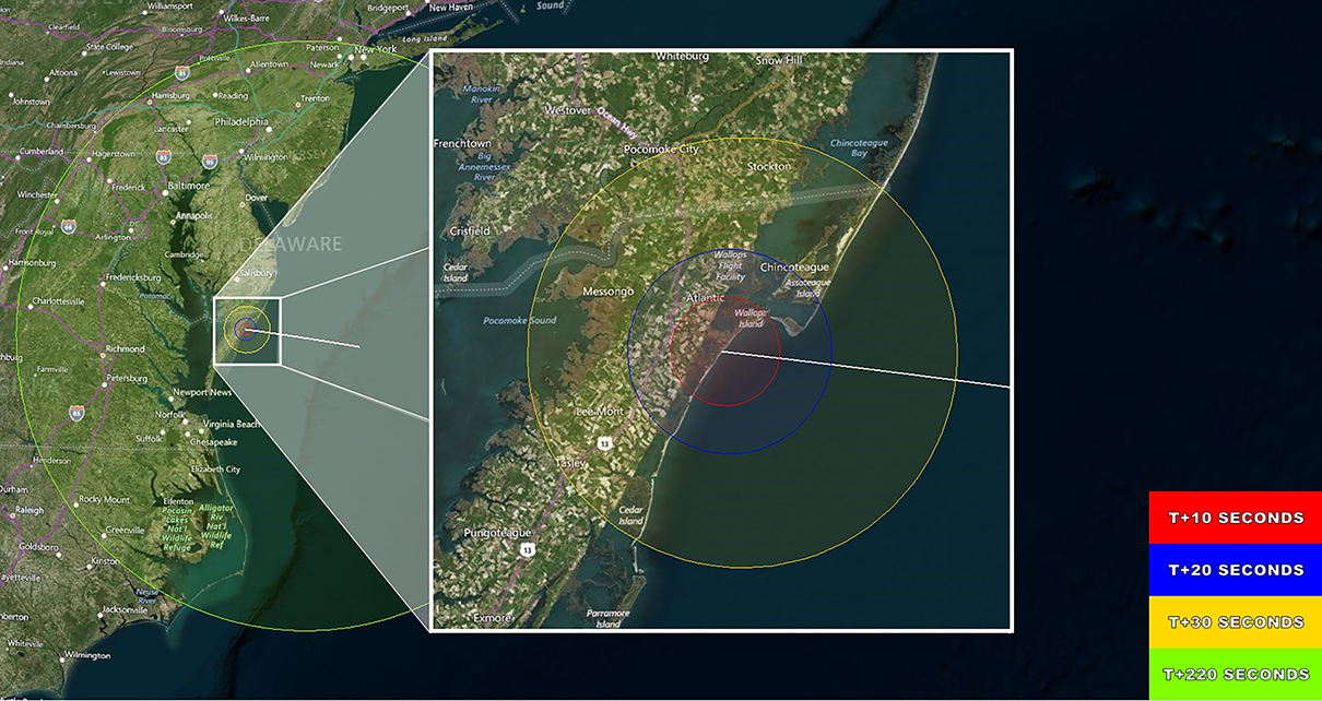 This map shows the projected visibility of the vapor tracers during the mission. The vapor tracers may be visible from New York to North Carolina and westward to Charlottesville