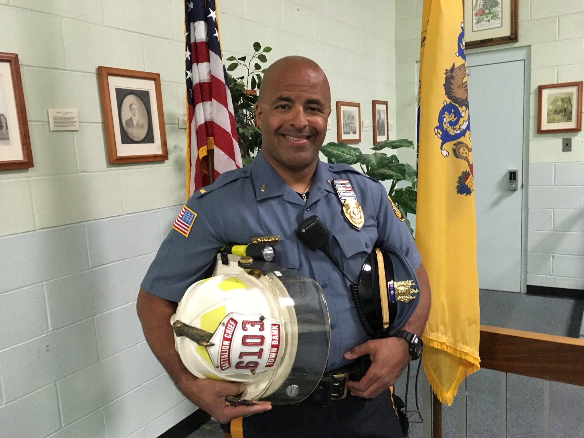 Cape May Police Lt. Dekon Fashaw is also a battalion commander with the Town Bank Volunteer Fire Company. Fashaw has been a volunteer firefighter since about age 18. Fashaw is shown with both hats he wears – his police hat and firefighter’s helmet. 