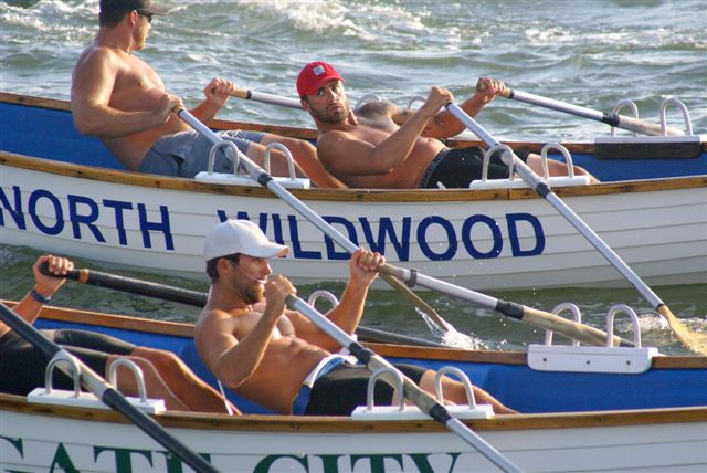 Host team North Wildwood Beach Patrol neck and neck with Margate City Beach Patrol when leaving starting point.