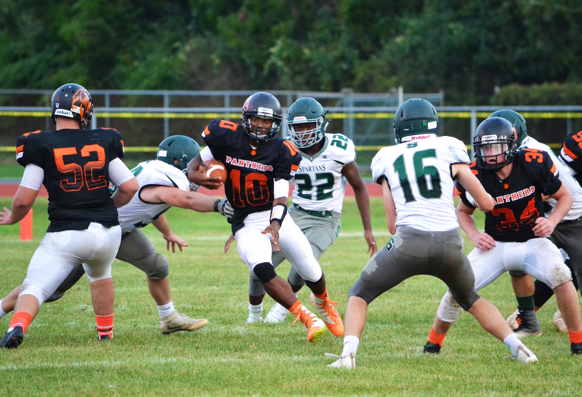 Middle Township’s quarterback Cameron Hamer (10) runs through Steinert defense in the opening game of the season at Memorial Field in Court House. Hamer threw 4 for 8 for 107 yards to lead the Panthers to a 32-31 victory on Aug. 31.