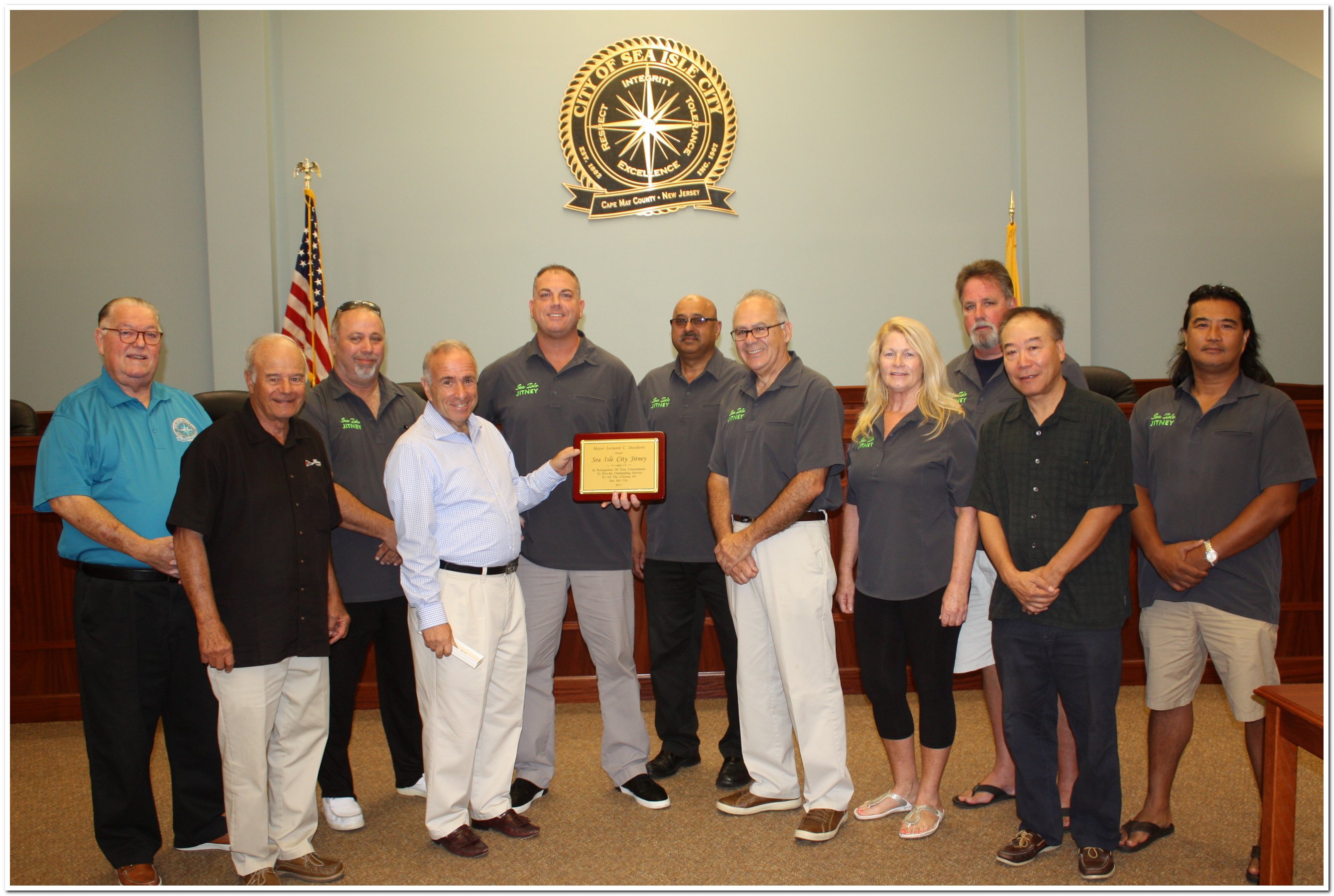 Shown with Sea Isle City Mayor Leonard Desiderio (fourth from left) and City Councilmen J.B. Feeley and Jack Gibson (far left) are (from left) jitney drivers Jay Buchbinder of Brigantine; SIC Jitney Association President Dave Berry of Atlantic City; Malik Ashraf of Galloway Township; Tom Woodruff of Mays Landing; Terri Kromenacker of Galloway Township; Ed Fitzgerald of Brigantine; Christopher Lee of Atlantic City; and Lou DiMacale of Egg Harbor Township.