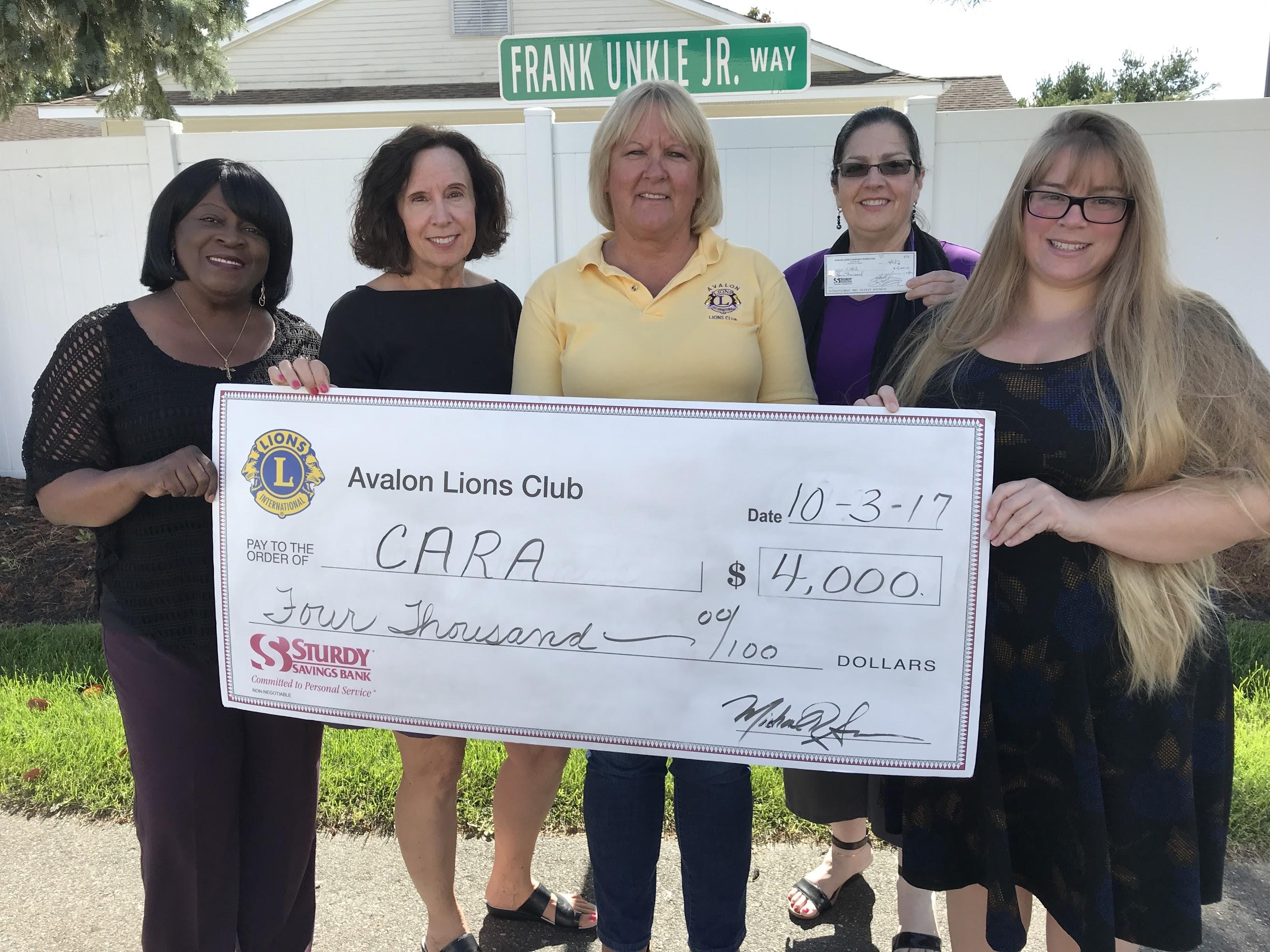 From left: Director of Sexual Assault Services Martina Singleton; Avalon Lions Club First Vice President Marianne Snyder; Third Vice President Sue White; CARA Executive Director Claire Galiano; and Director of Community Outreach for CARA Nikki Nichols.