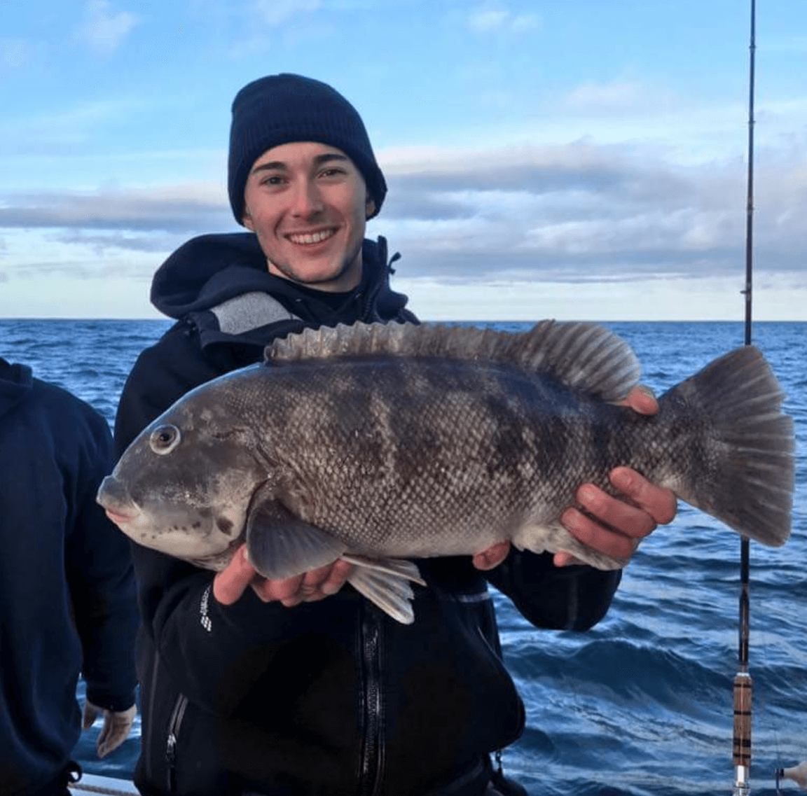 John “Johnny Bucktails” Contello and one of the two 10-pound plus blackfish he caught. 