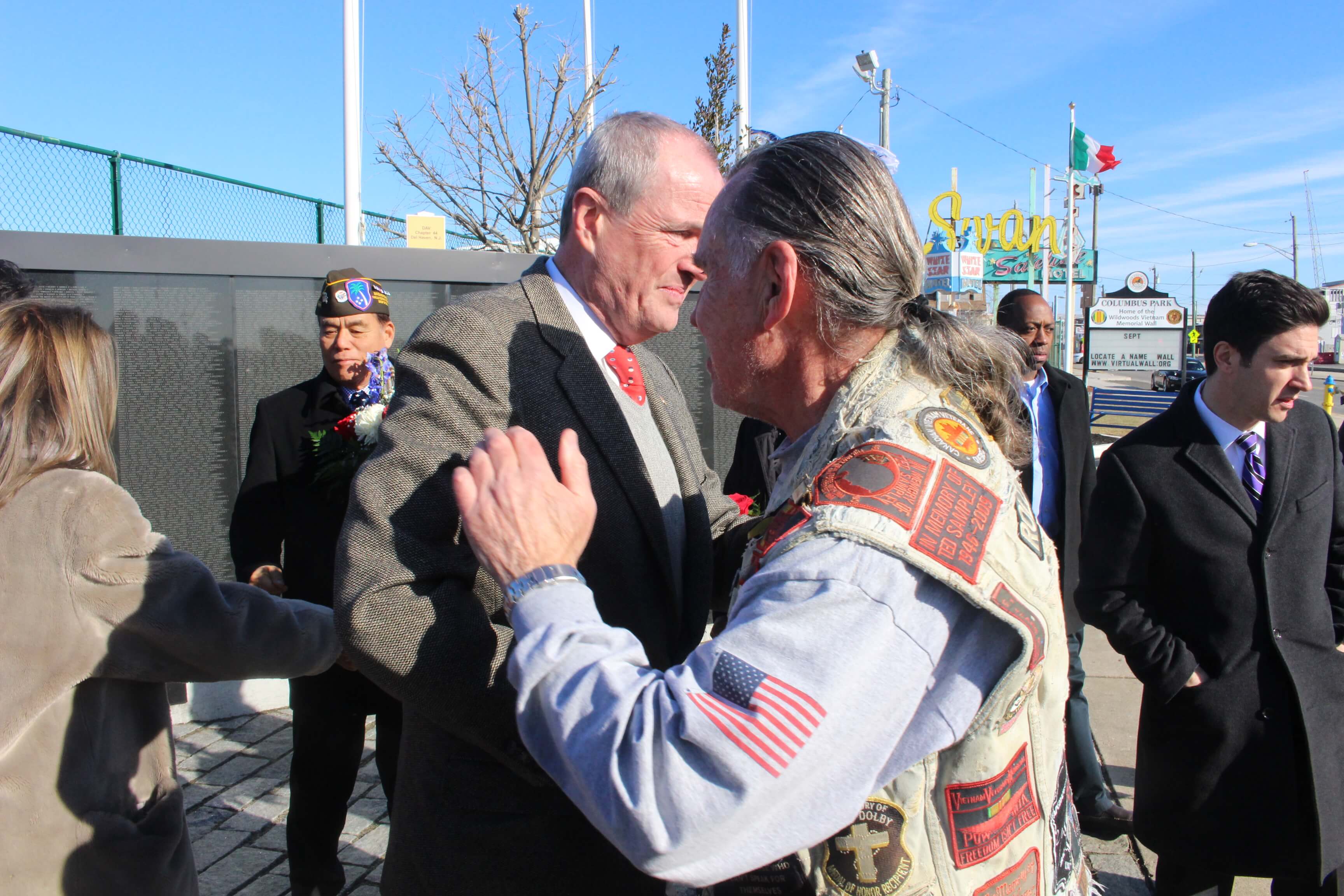 Gov.-elect Phil Murphy embraces a veteran Jan. 14 at Wildwood’s Vietnam Memorial Wall. The stop was the first of his pre-inaugural stops around the Garden State prior to taking office Jan. 16. 