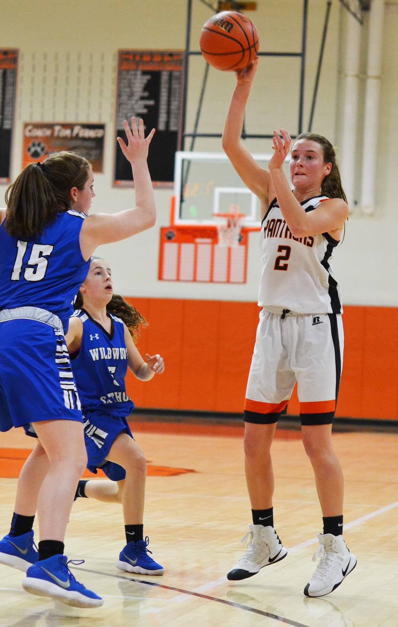 Middle Township’s Kira Sides looks for an open teammate in the Lady Panthers’ home game against Wildwood Catholic on Jan. 26. Sides had 17 points in the team’s 51-43 win.