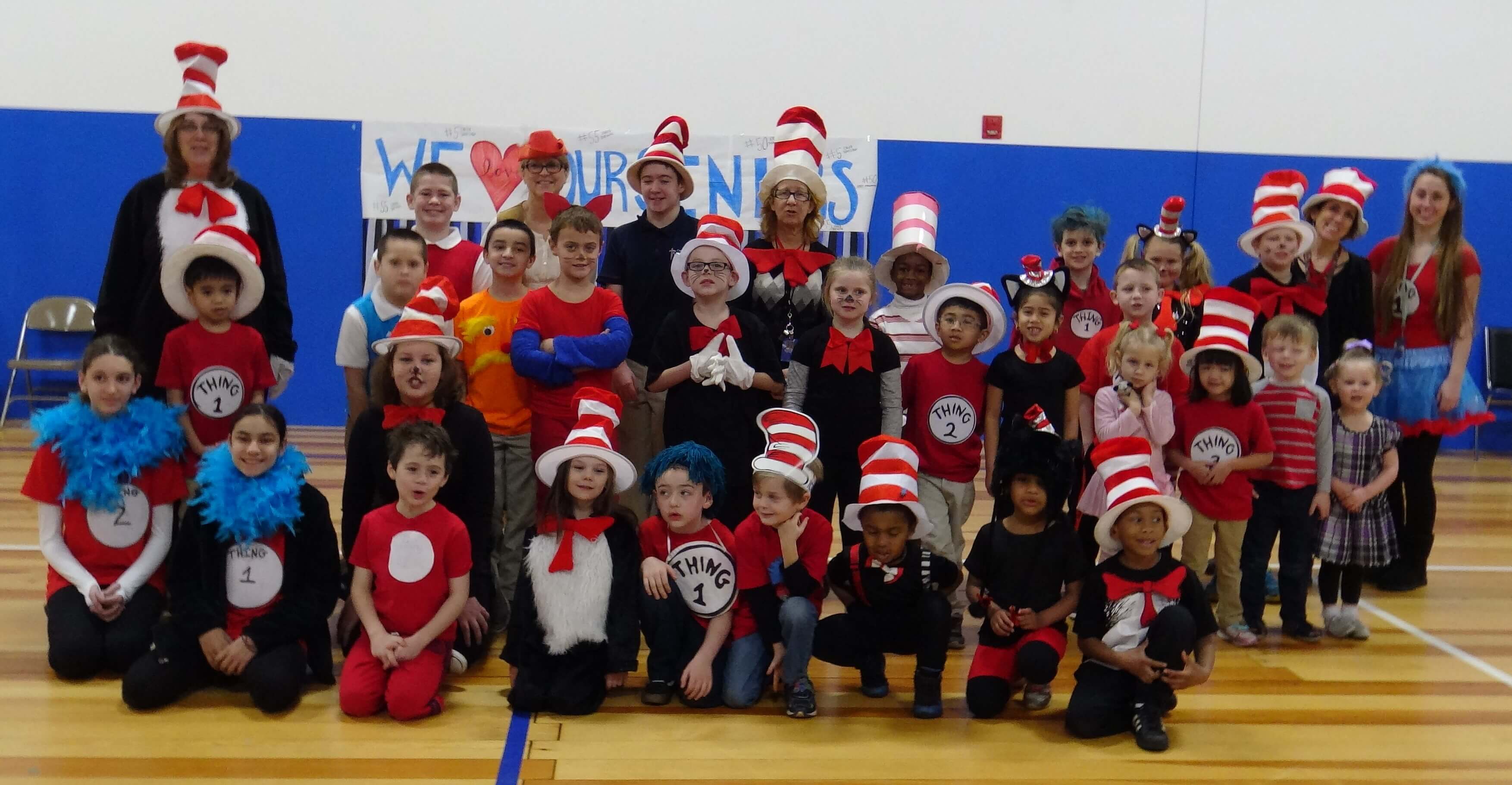 Group photo of students who dressed up for Dr. Seuss.