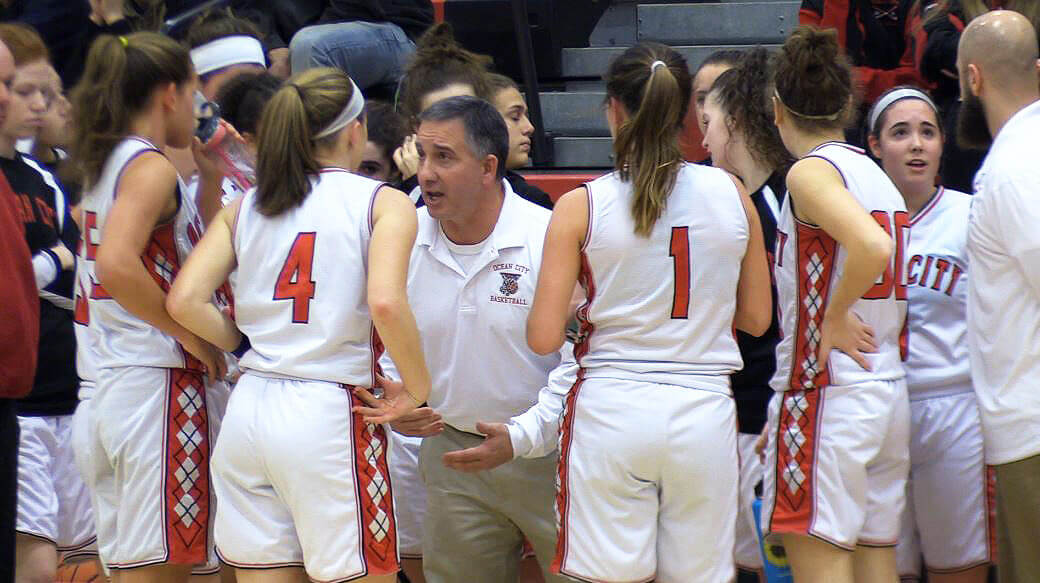 Ocean City High School girls basketball head coach Paul Baruffi talks to the team in a game earlier this season.