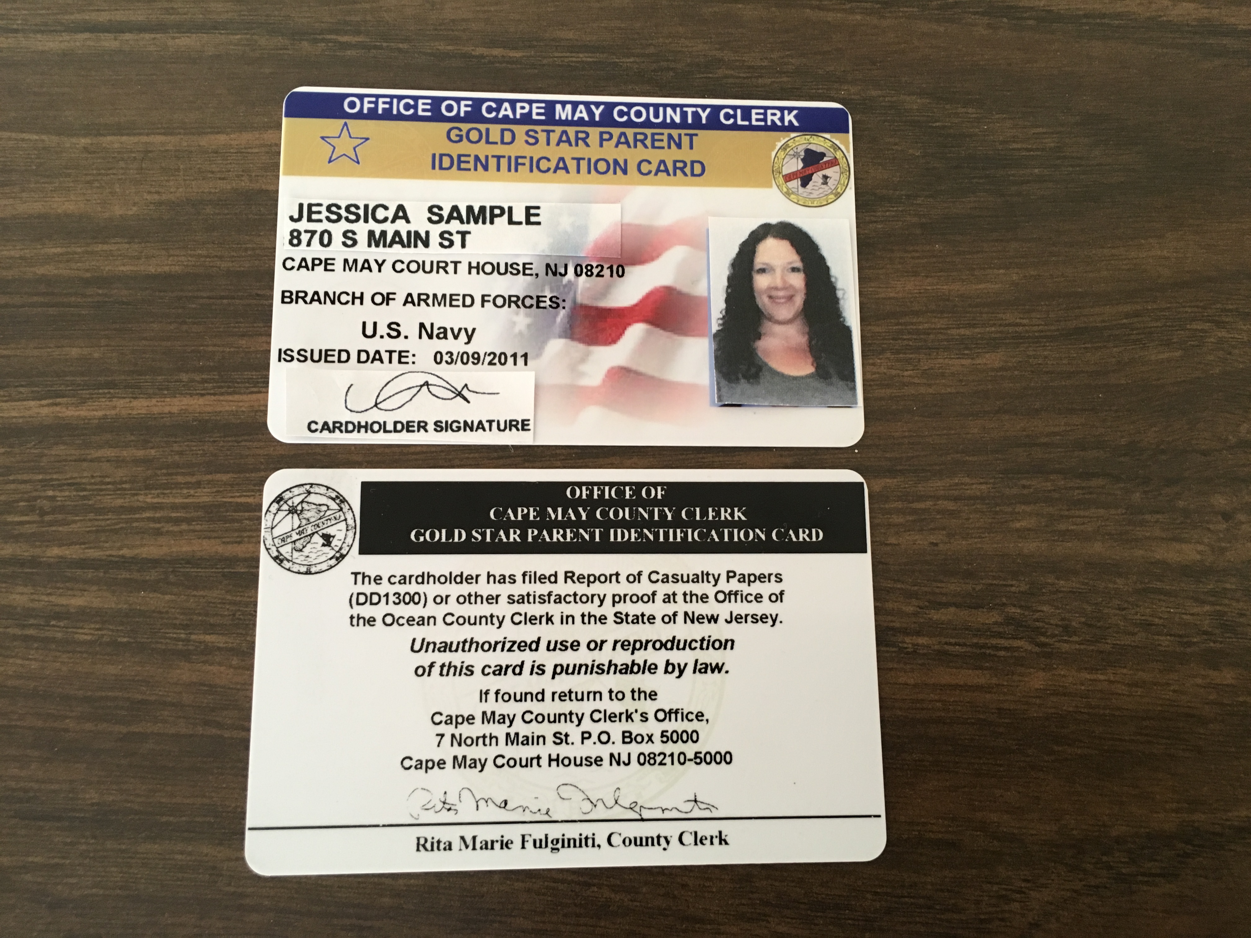 Gold Star Parent ID Card Sample