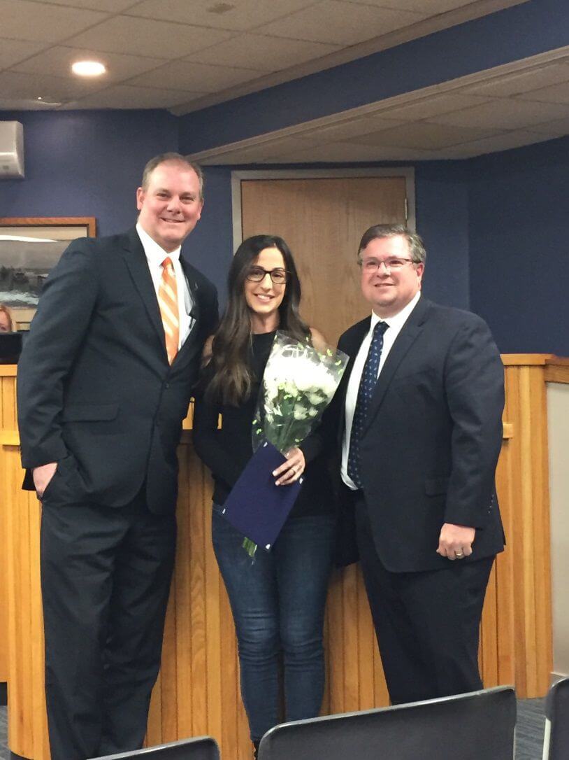 Mayor Michael Clark and Deputy Mayor Jeff DeVico congratulate Andrea Bruno as Middle Township March Employee of the Month.