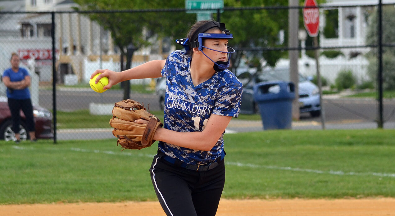 Junior softball player Emily Cimino hit her 100th career hit in Wildwood Catholic's win at Cape May Tech on April 19.