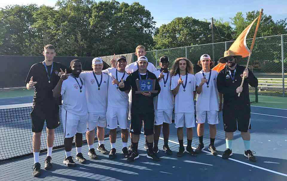 The Middle Township High School boys tennis team celebrates their South Jersey Group I title on May 21 in Court House. The top-ranked Panthers won 4-1 over Woodstown to stay unbeaten at 23-0.