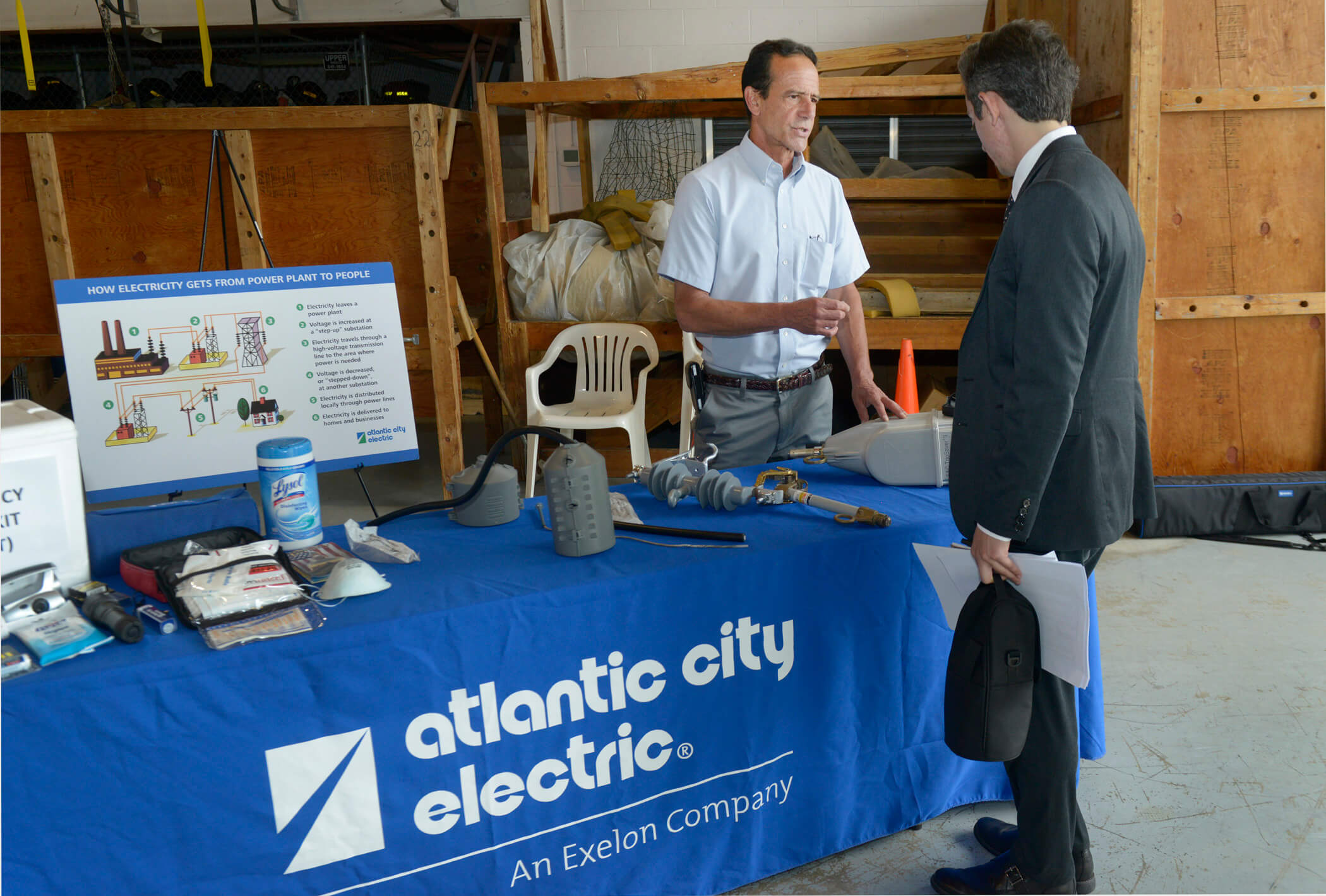 Atlantic City Electric’s Robert Clark demonstrates how an electric device works to help reduce outages at a Summer Readiness Conference held June 1. Atlantic City Electric