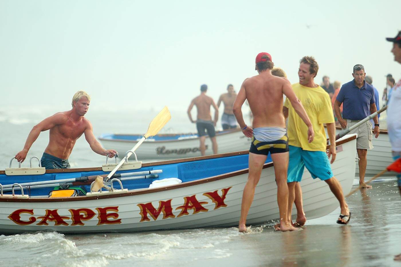 Cape May Beach Patrol came in second after Longport in the first race which was the Doubles Competition where the rowers had to row out into the ocean and return. Strong winds coming from the west made it difficult to row out into the ocean.