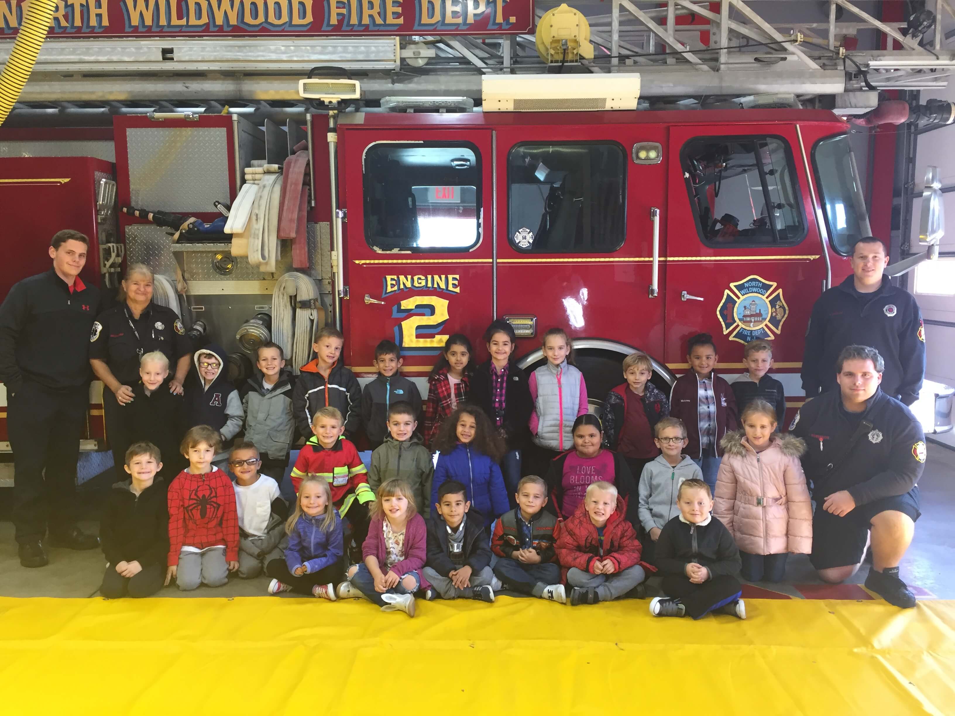 Margaret Mace kindergarten and first grade students pictured with members of the North Wildwood Fire Department.
