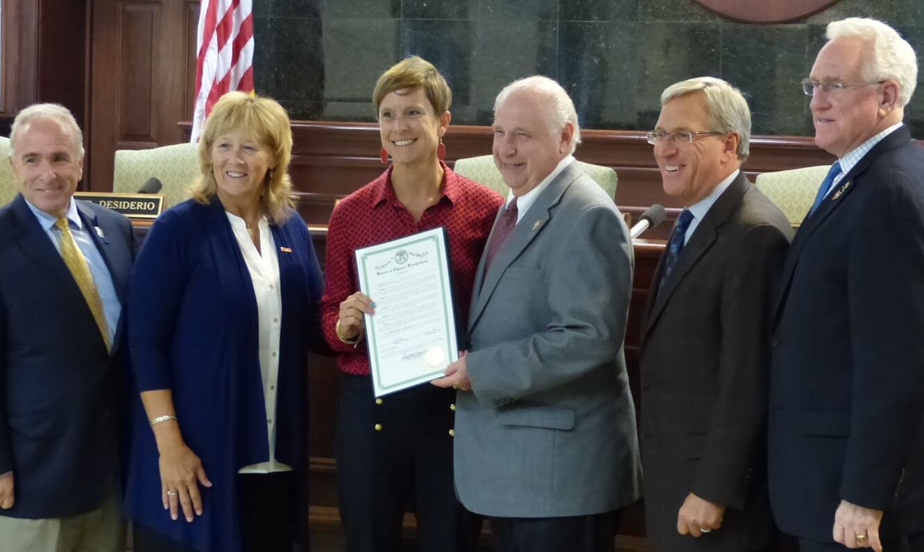 Ocean City Primary School first-grade teacher Carrie Merritt is honored by freeholders Sept. 25 for being named 2017-2018 Cape May County Teacher of the Year. Freeholders are