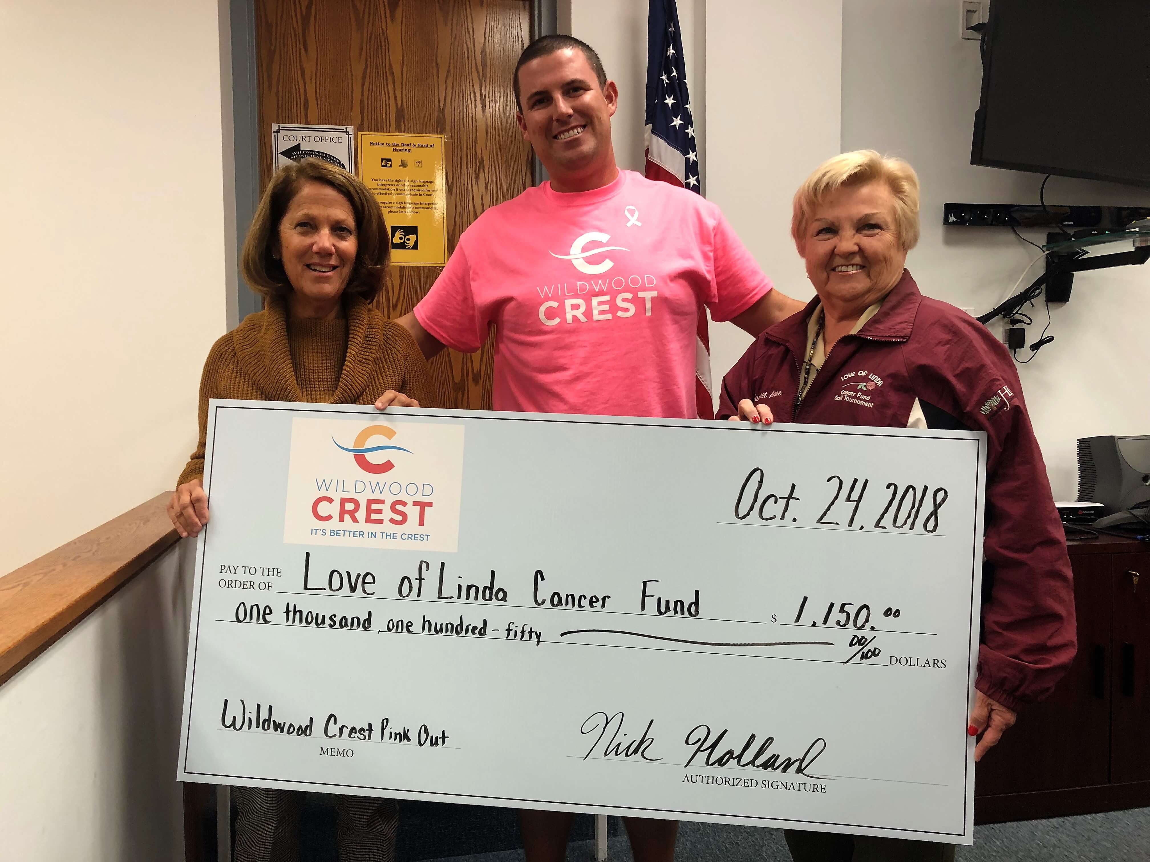 Borough of Wildwood Crest Wellness Committee coordinator Nick Holland (center) presents a commemorative check for $1