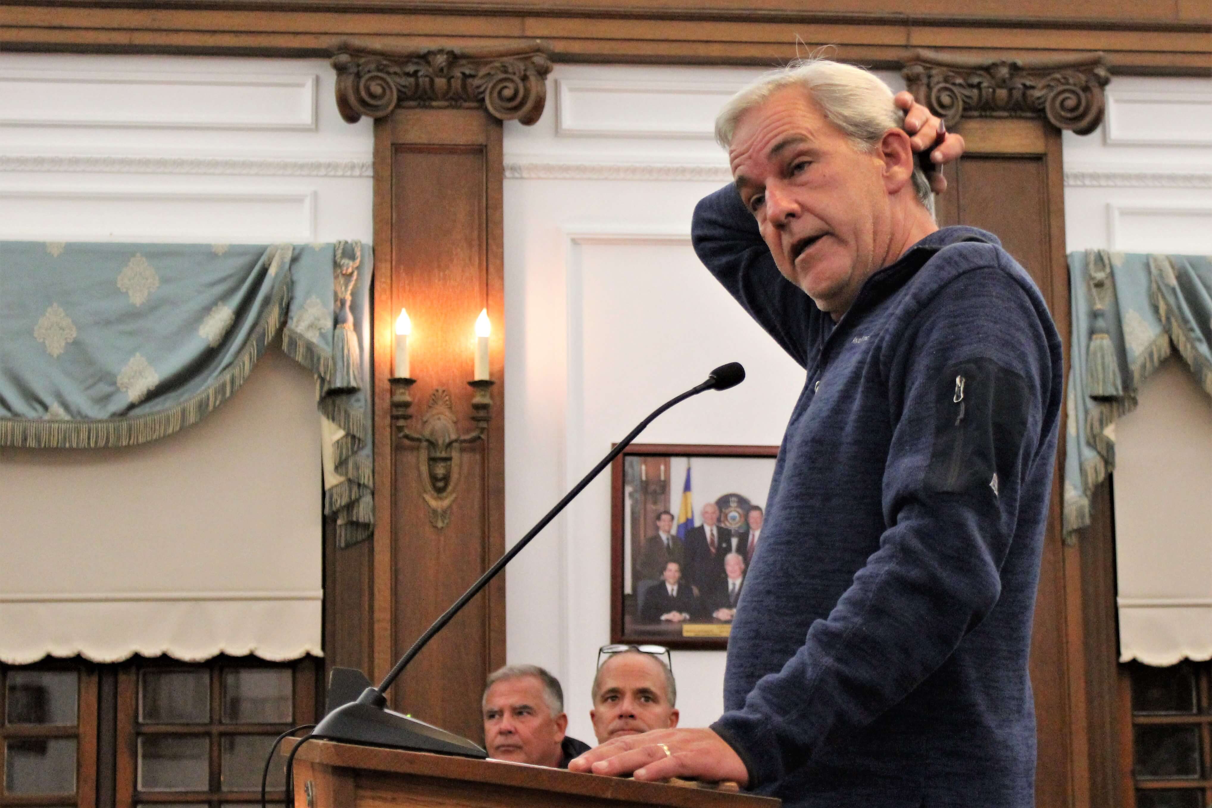 Pete Sokolowski tells City Council that millions spent on drainage improvements in his neighborhood won’t do much good if a bulkhead on Bay Avenue is not repaired. The city says it is working with the property owner to ensure a continuous line of bulkhead in that area.