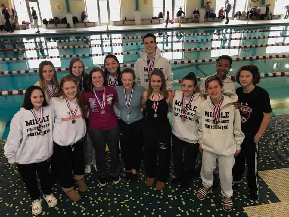 Swim team celebrating their victory.