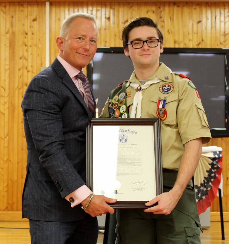 U.S. Rep. Jeff Van Drew presents Eagle Scout Paul E. "P.J." Short Jr.  with resolution on attaining the Eagle Scout rank.