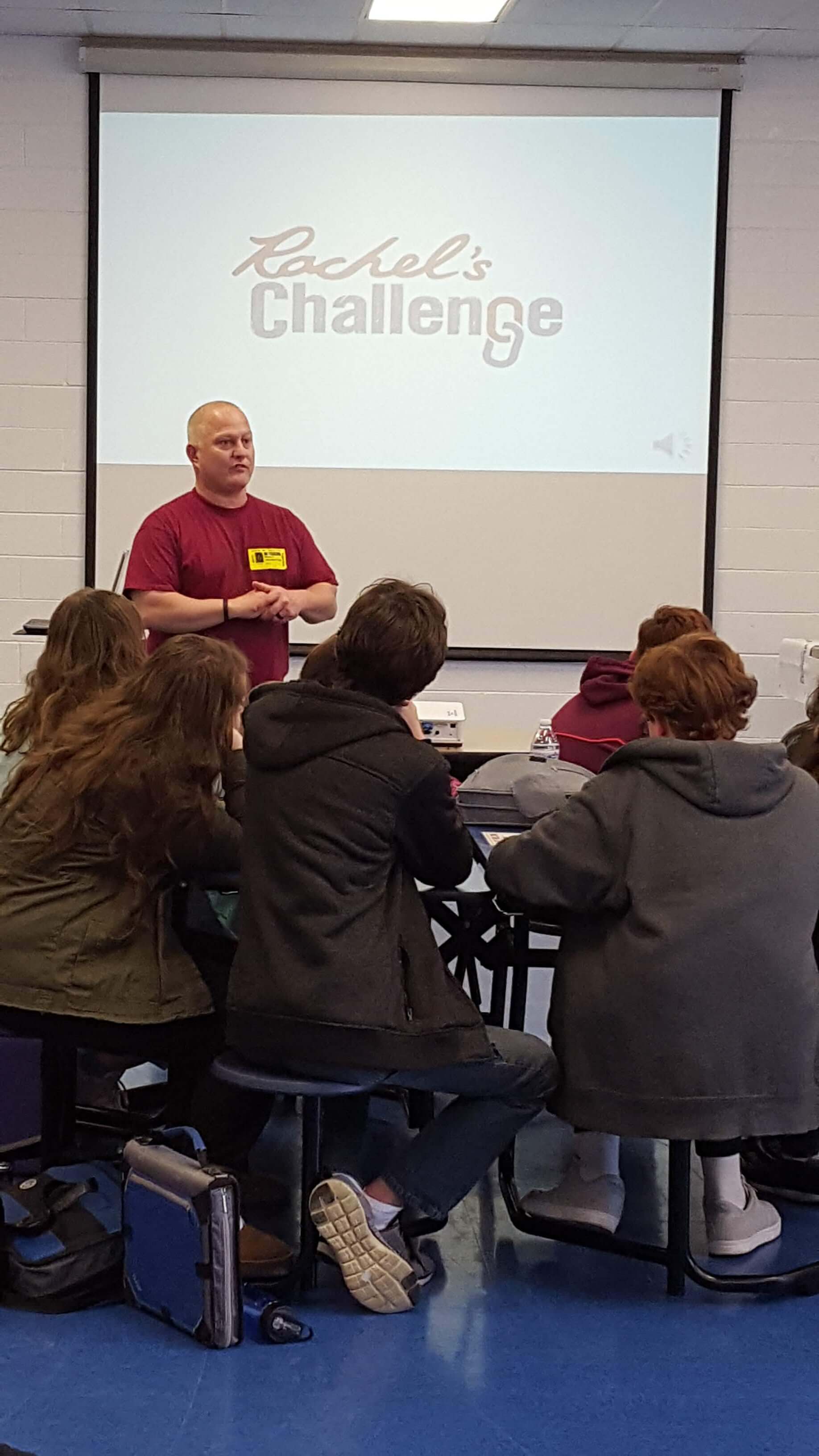 Presenter Mark Higginbottom tells Dennis Township Middle School pupils about Rachel's Challenge.