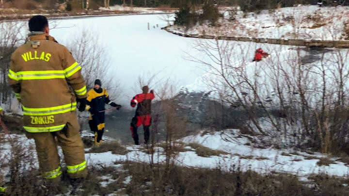 Villas firefighters rescue a victim who fell through the ice on Ponderlodge Lake Feb. 2.