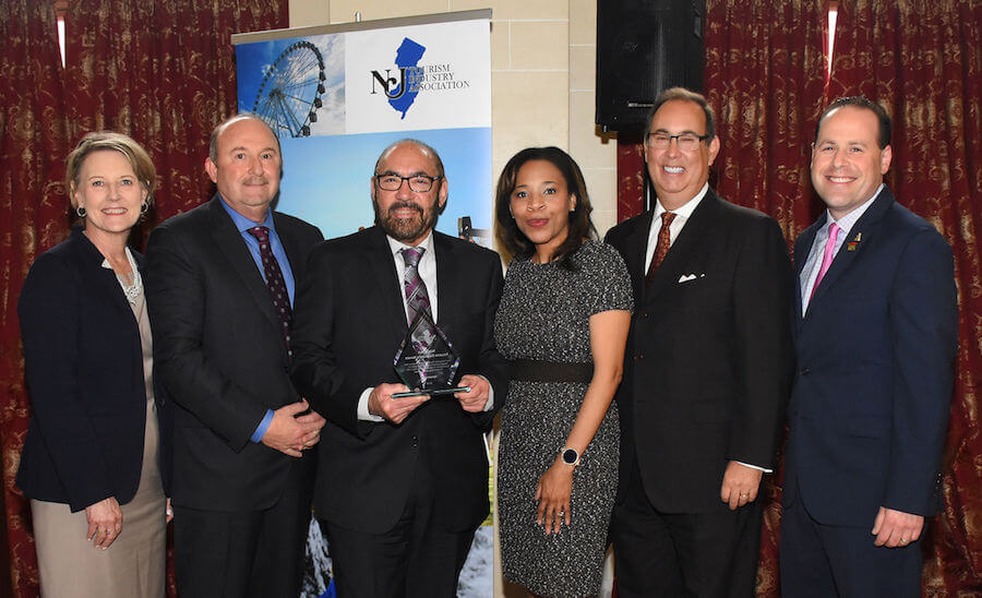 (L-R): Cape May County Chamber of Commerce President Vicki Clark; Greater Wildwoods Tourism Improvement & Development Authority (GWTIDA) Executive Director John Siciliano; GWTIDA Director of Marketing and Public Relations Ben Rose; Secretary of State of New Jersey Tahesha Way; New Jersey Division of Travel & Tourism Director Jeffrey Vasser; New Jersey Travel Industry Association President Adam Perle at the NJTIA Advocacy Breakfast on May 9.