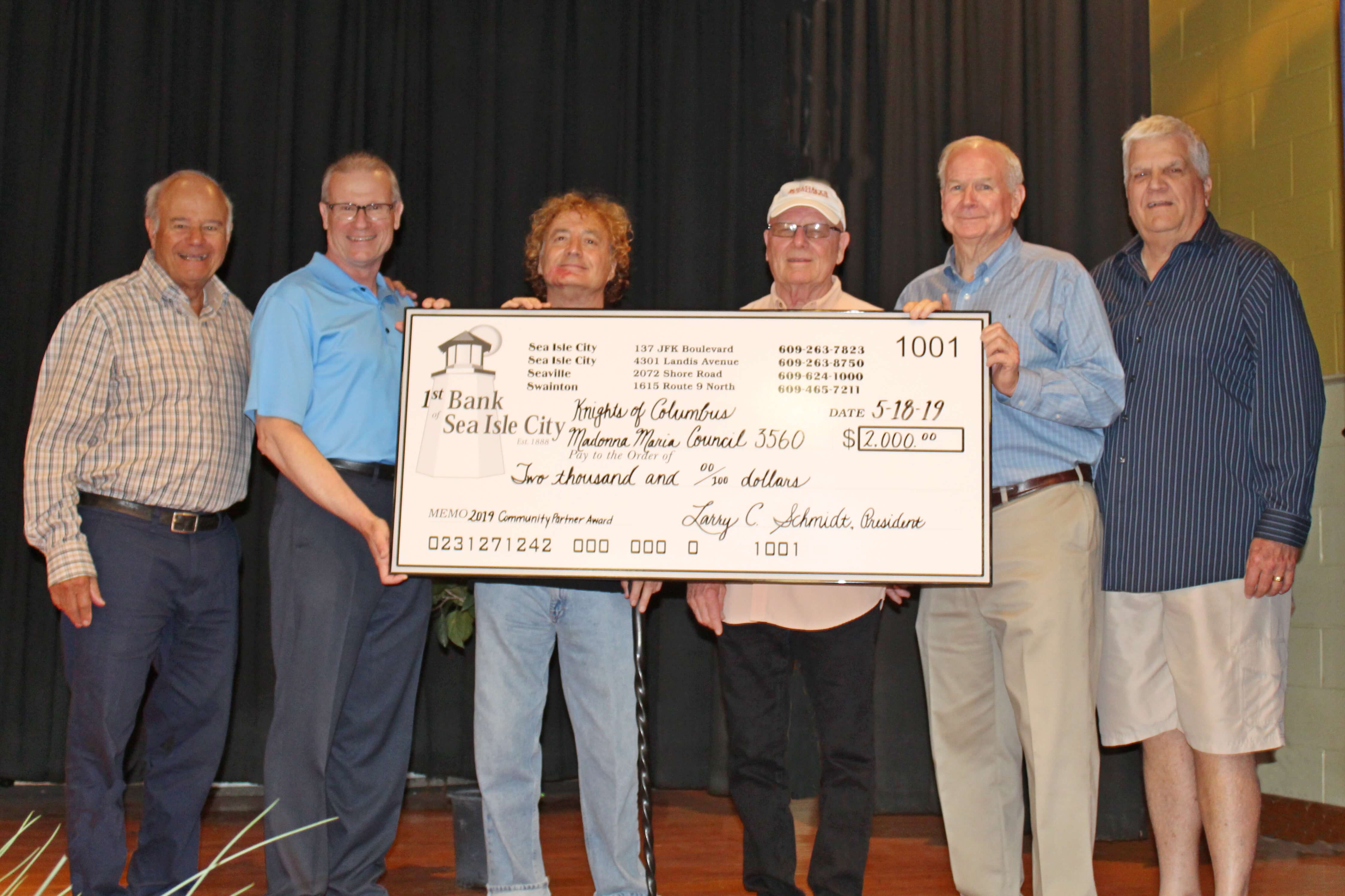 Shown during the check presentation on May 18 are (from left) City Council President & First Bank of Sea Isle City Chairman of the Board Jack Gibson