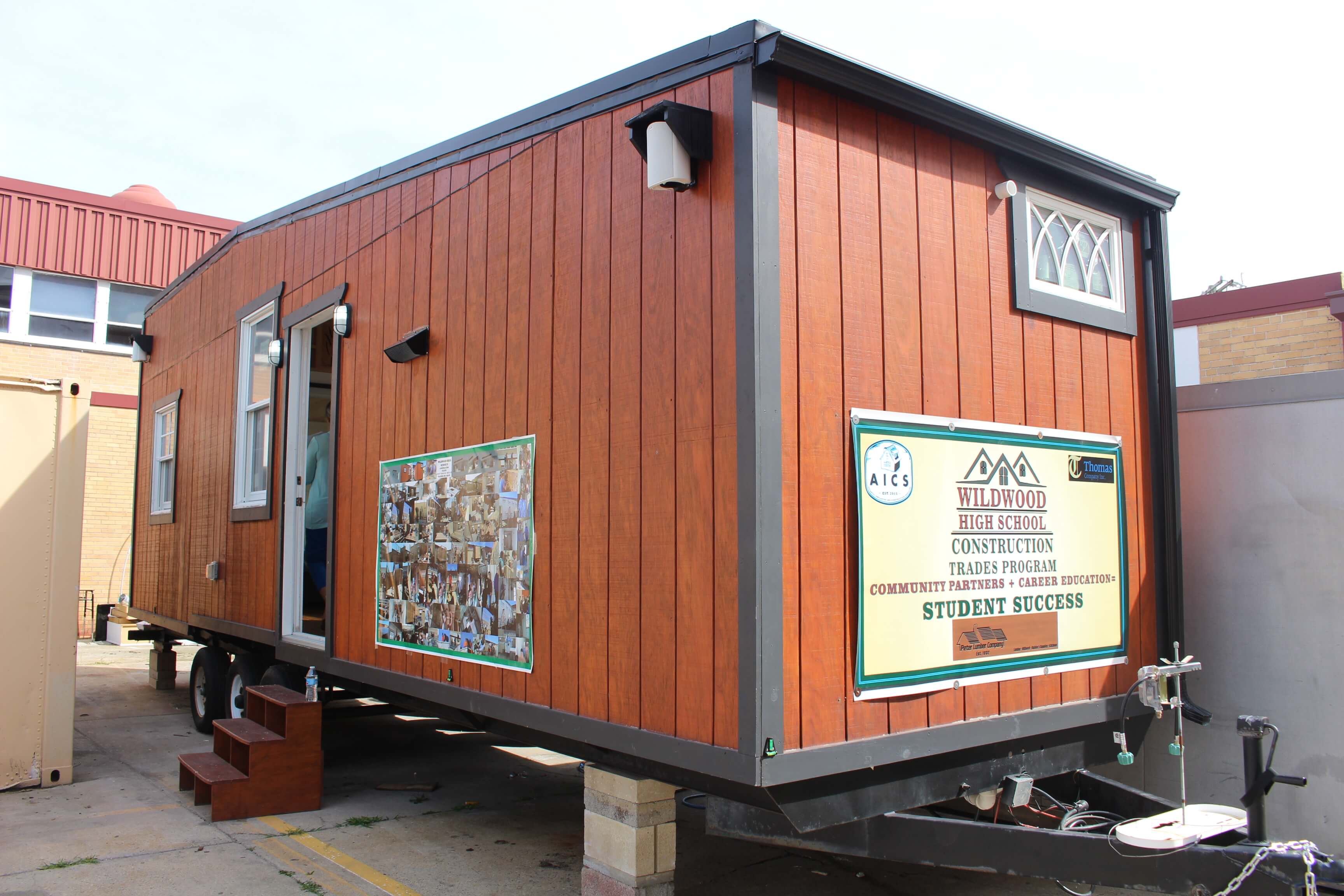 The tiny house was built by Wildwood High School students in Michael Crane’s construction trades program.