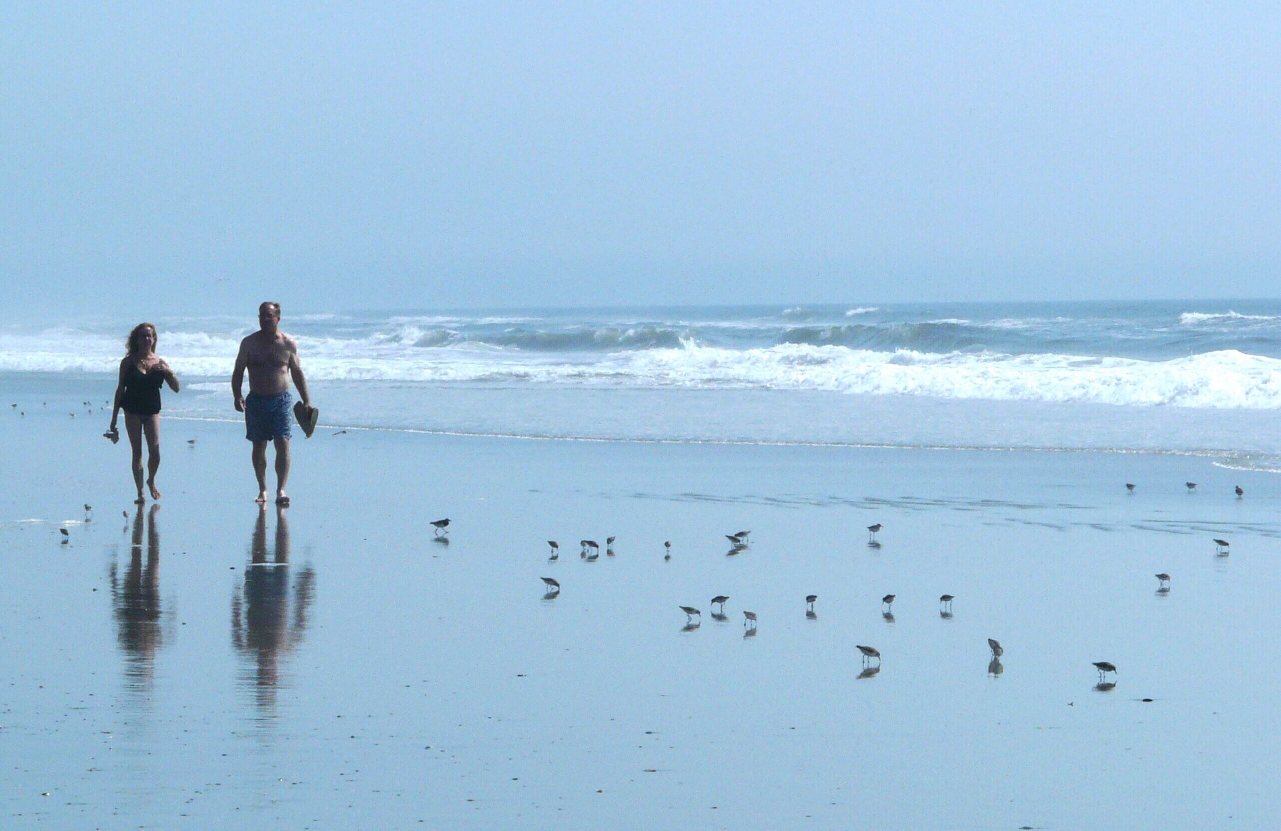 Beachgoers enjoy a walk on the beach in Avalon