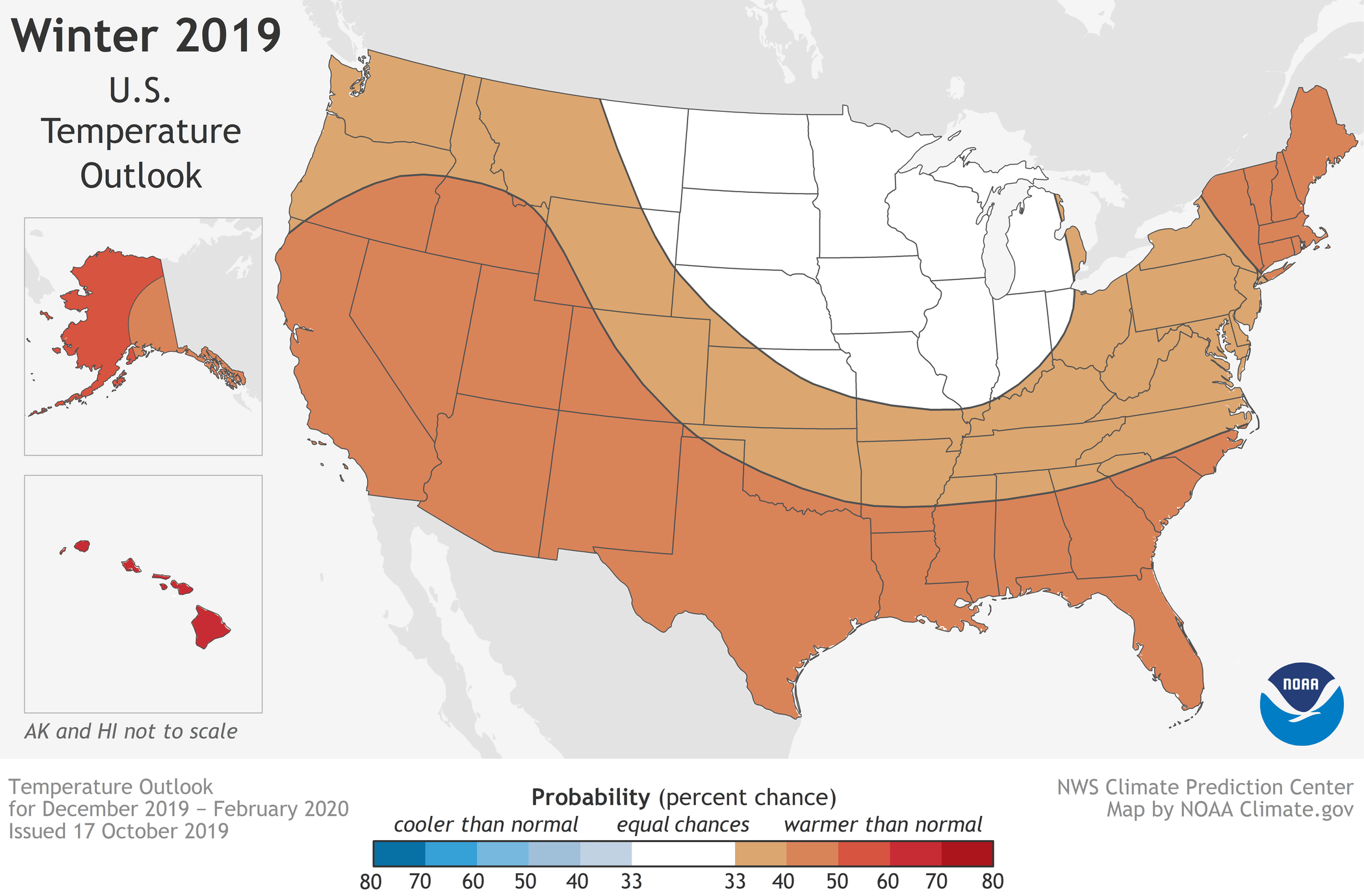 The 2019-2020 winter outlook map for temperature shows warmer-than-average temperatures are likely for much of the nation.