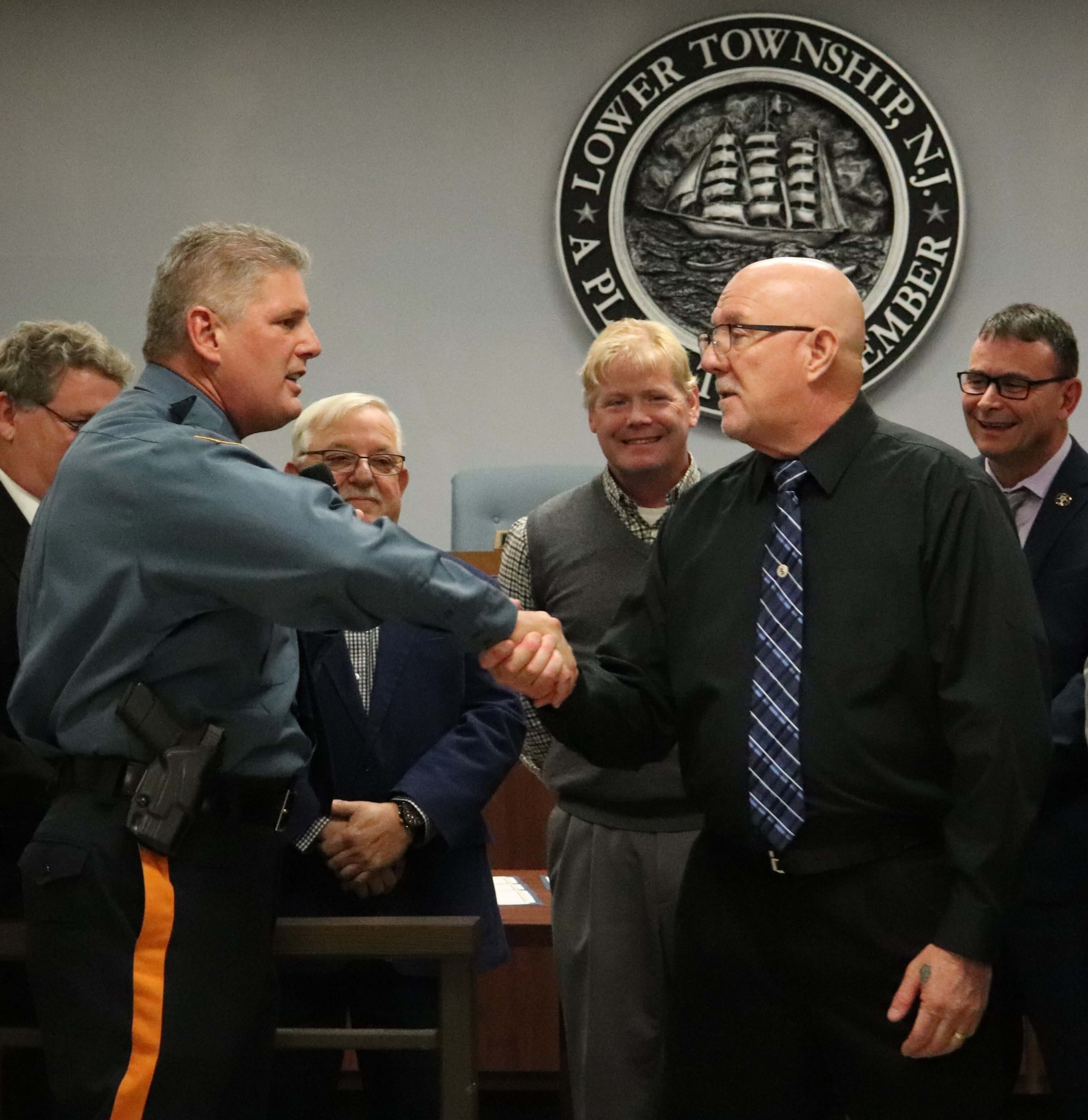 Detective Joseph Boyle is recognized onr his retirement after over 25 years of service to the Lower Township Police Department by Chief of Police William Mastriana.