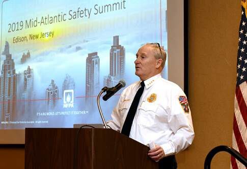 New Jersey Division of Fire Safety Director and State Fire Marshal Richard Mikutsky provides opening remarks at the Mid-Atlantic Regional Fire Safety Summit in Edison. 